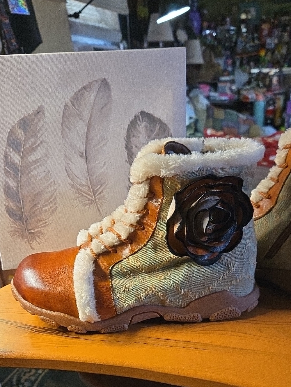 Size 39/8.5 Faux Fur Trim Brown Leather & Fabric Flower Ankle Boot